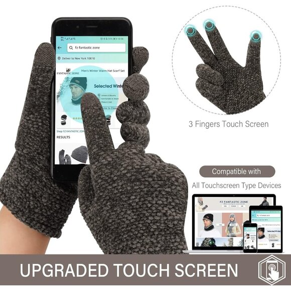 Women's Coffee Chenille Stretchy Elastic Cuff Knit Winter Cold Weather Gloves - Picture 3 of 6